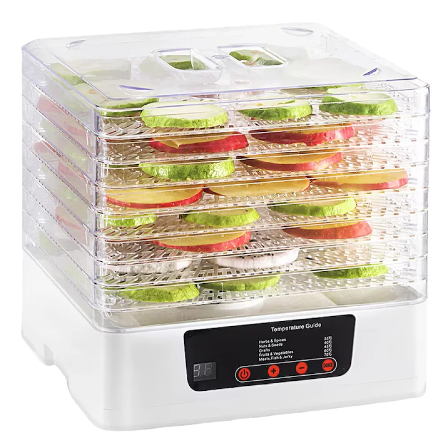 Deshidrator fructe si legume Golxmse, 8 tavi, temperatura ajustabila, alb crem, 32x28x31cm