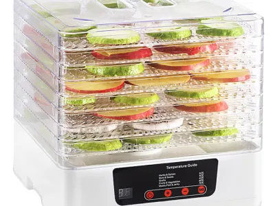 Deshidrator fructe si legume Golxmse, 8 tavi, temperatura ajustabila, alb crem, 32x28x31cm