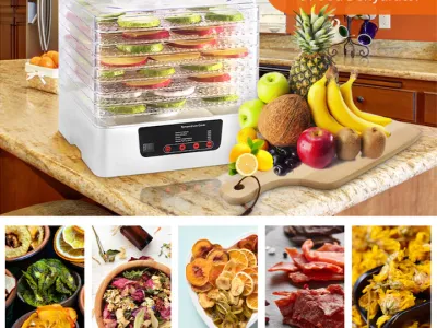 Deshidrator fructe si legume Golxmse, 8 tavi, temperatura ajustabila, alb crem, 32x28x31cm